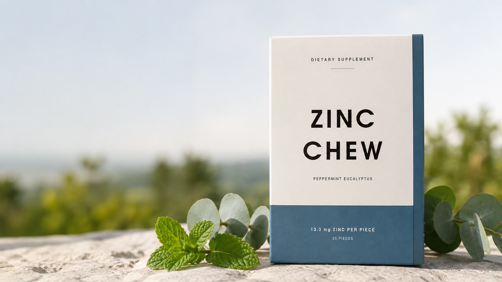 Zinc Chew pack with peppermint and eucalyptus leaves in soft outdoor light